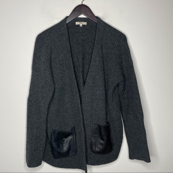 Madewell Wool Ribbed Cardigan Leather Pockets Gray Black Size Medium - Picture 3 of 11